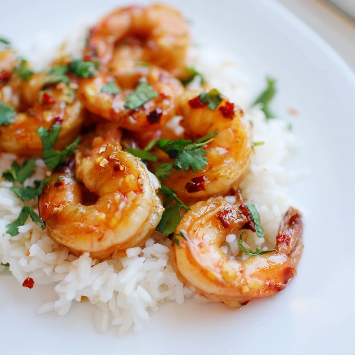 Close-up of tender spicy lemongrass shrimp and steaming coconut rice, garnished with sliced red chili and lime on a plate.