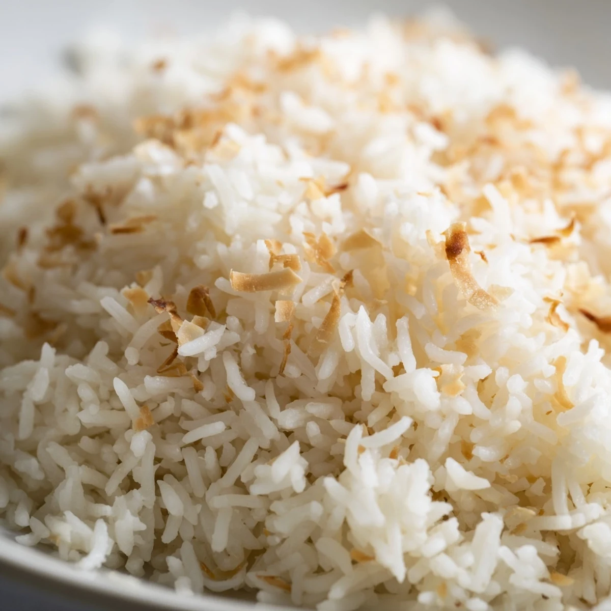 A close-up of The Best Coconut Rice shows tender grains, subtle sweetness from sugar, served with seafood and tropical herbs.