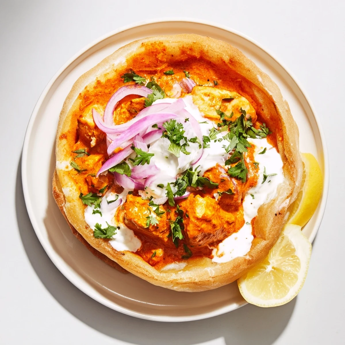 This homemade Butter Chicken Roti Bowls recipe features tender chicken in a spiced tomato sauce served in a crispy edible bowl.