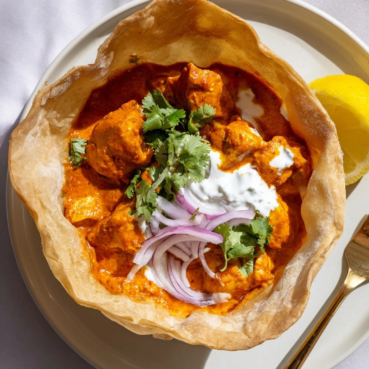 Golden-brown baked roti bowls filled with rich, creamy butter chicken, topped with fresh cilantro and a dollop of yogurt.
