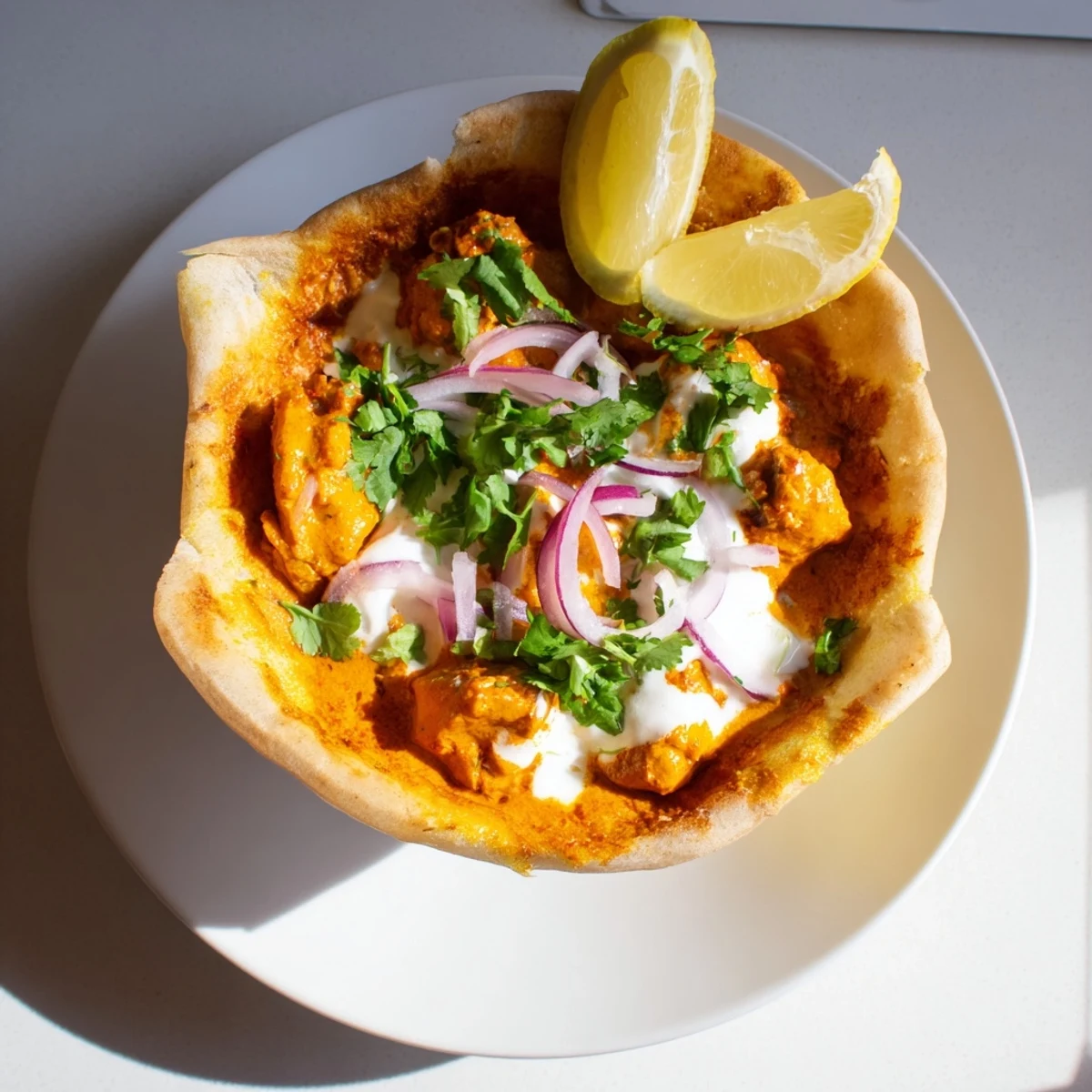 Hearty Butter Chicken Roti Bowls with tender meat, vibrant herbs, and a bright lemon wedge for a comforting dinner meal.