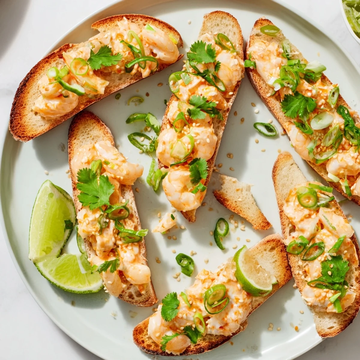 Golden-brown Vietnamese Cajun Shrimp Toast topped with spicy shrimp mixture, cilantro, and lime wedges on a rustic plate.