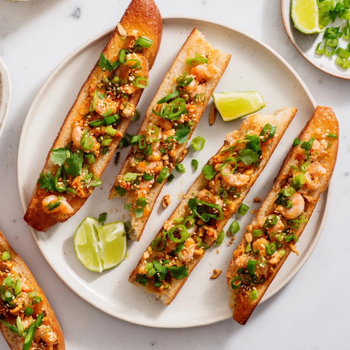 Freshly baked Vietnamese Cajun Shrimp Toast garnished with herbs and lime, served on a wooden board.