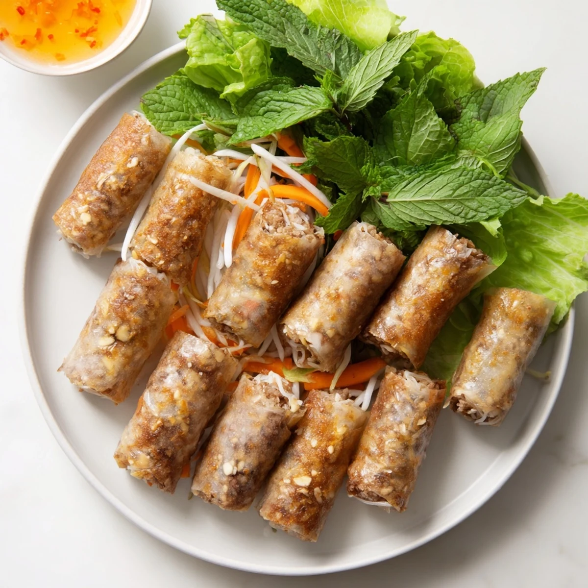 Crispy golden Cha Gio spring rolls arranged on a platter with fresh herbs and Nuoc Cham dipping sauce.