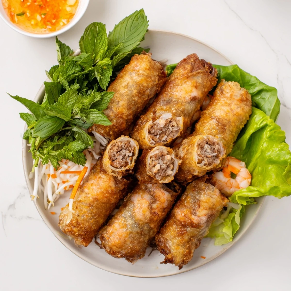 Freshly fried Cha Gio on a plate, served with lettuce wraps, mint, and basil for rolling.