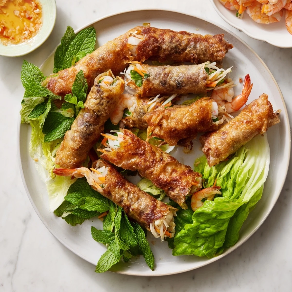 Golden Vietnamese Cha Gio spring rolls stacked on a plate with sliced limes and chili dipping sauce.