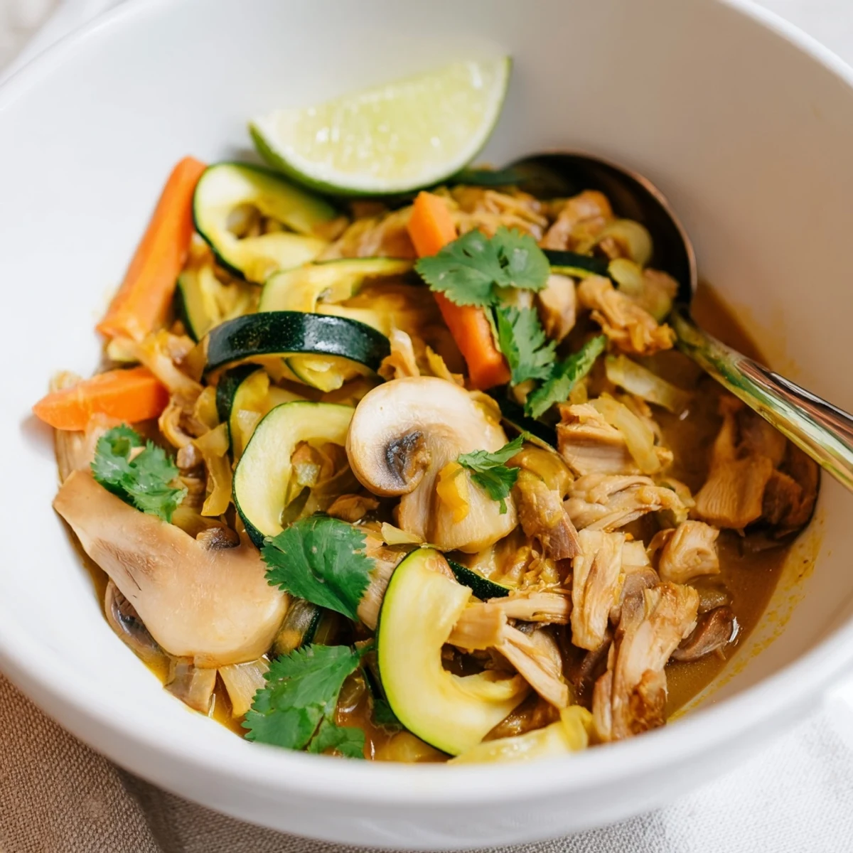 Steaming Jackfruit and Mushroom Balinese Curry served over fluffy white rice in a shallow bowl with scattered cilantro leaves.