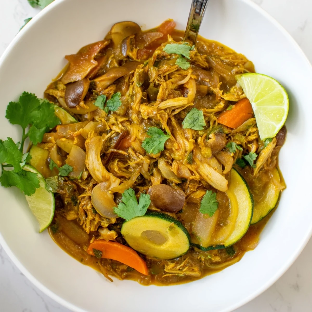 Close-up of Jackfruit and Mushroom Balinese Curry in a ceramic bowl, garnished with cilantro, lime wedges, and fresh chili slices.
