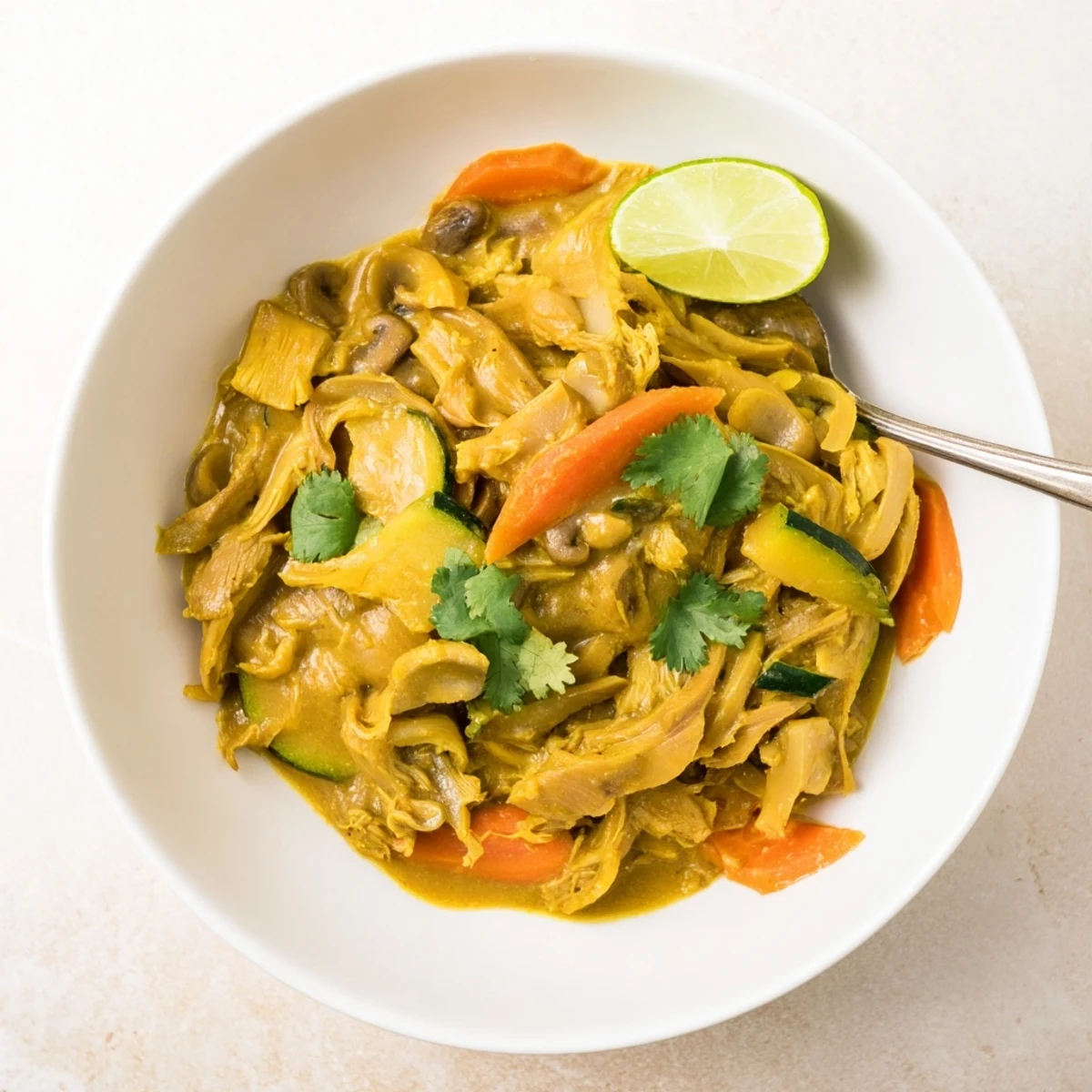 Top-down view of Jackfruit and Mushroom Balinese Curry with tender jackfruit, sliced mushrooms, and vegetables in creamy coconut sauce.