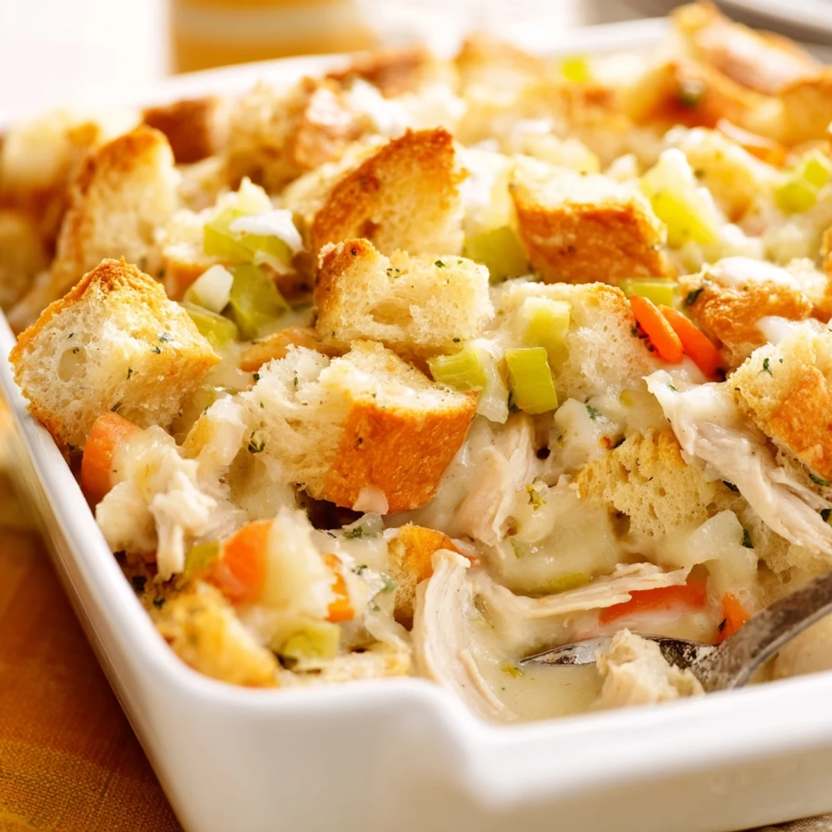 Creamy chicken and vegetable filling topped with savory seasoned stuffing crumbs baked to perfection.