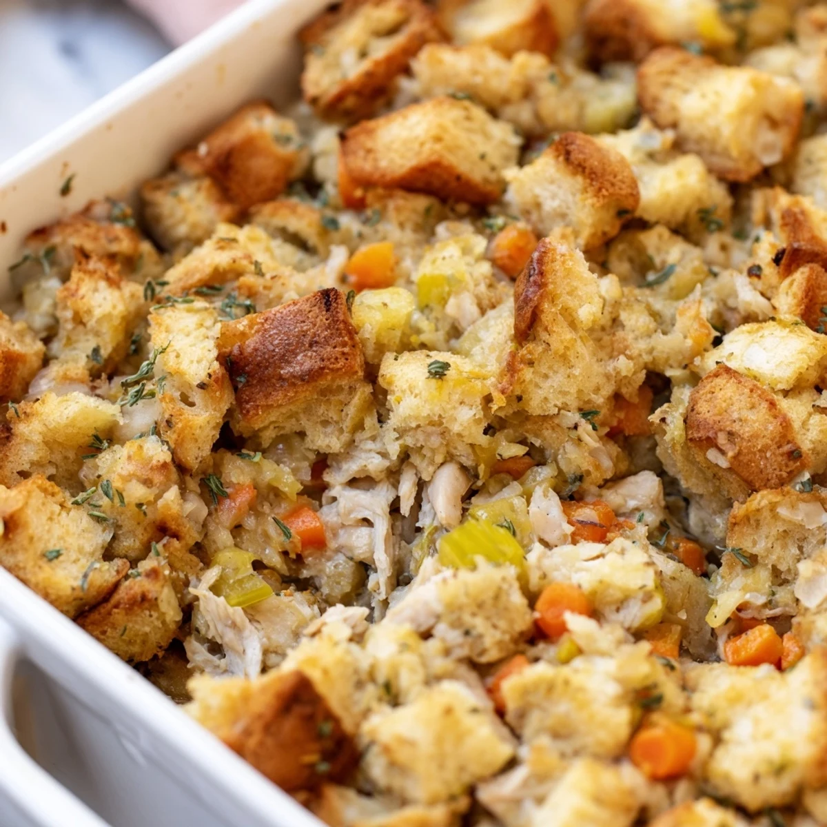 Golden-brown Dollys Chicken Stuffing Casserole bubbling from the oven in a white dish.