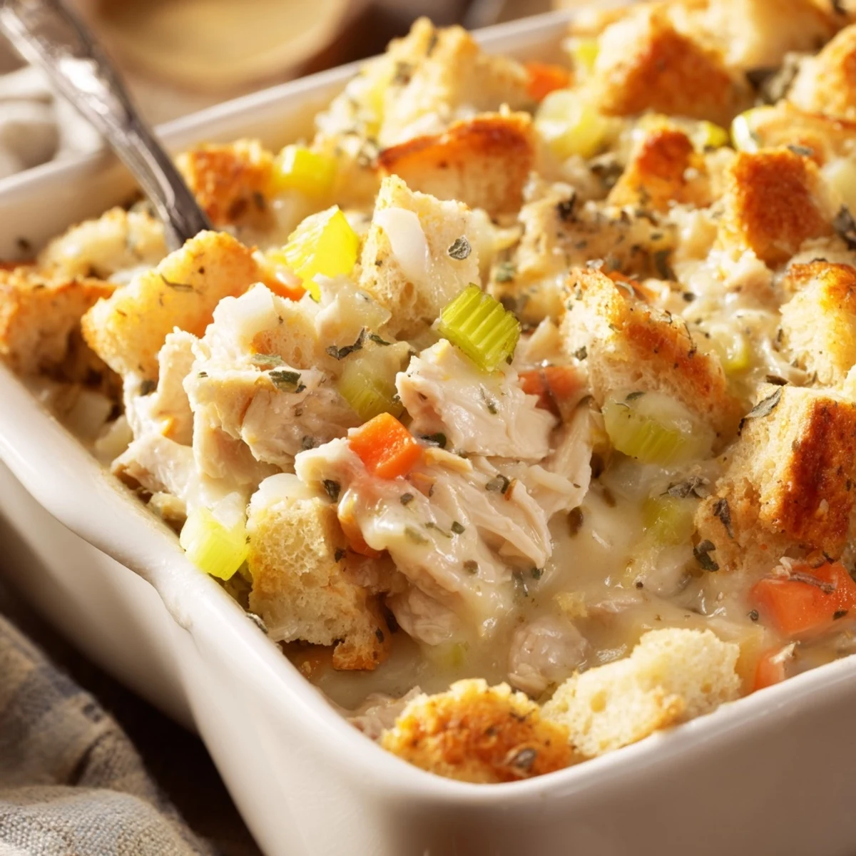 A slice of Dollys Chicken Stuffing Casserole served with a fresh green salad on the side.
