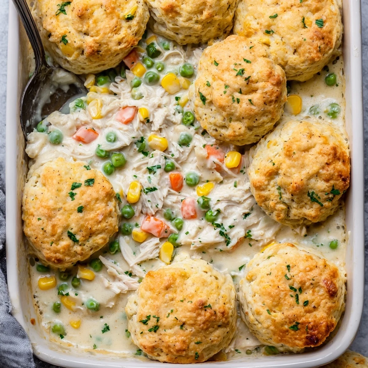 Freshly baked Red Lobster Biscuit Chicken Pot Pie served in a slice with steam rising, showing tender chicken and flaky cheddar biscuit topping.