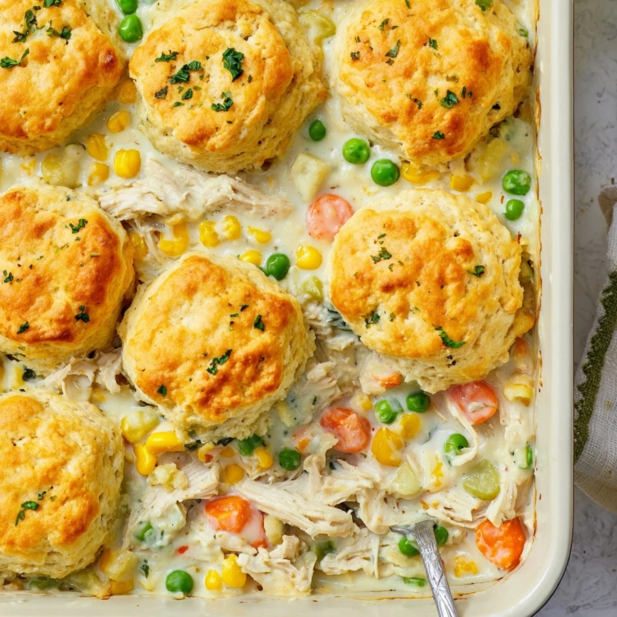 Red Lobster Biscuit Chicken Pot Pie in a white dish on a rustic table, garnished with parsley alongside a crisp green salad for dinner.