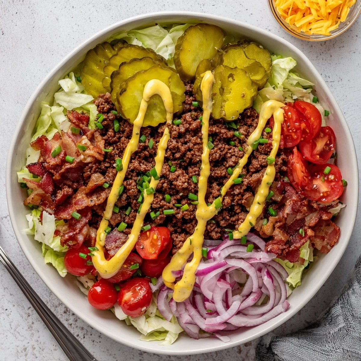 Colorful Smash Burger Bowl with seasoned beef patties, crunchy iceberg lettuce, red onion, and pickles, garnished with chives and ready to serve immediately.