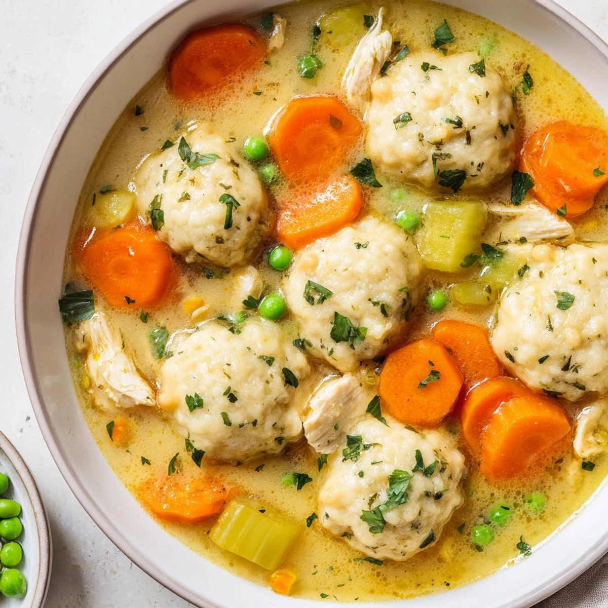 Hearty One Pot Chicken Dumpling Soup simmering in a Dutch oven with tender chicken and fluffy dumplings.