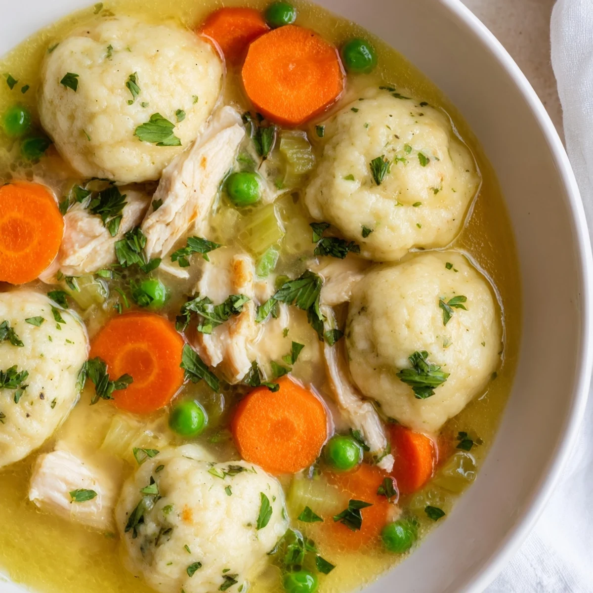 Freshly cooked One Pot Chicken Dumpling Soup served steaming hot in a rustic bowl with parsley garnish.