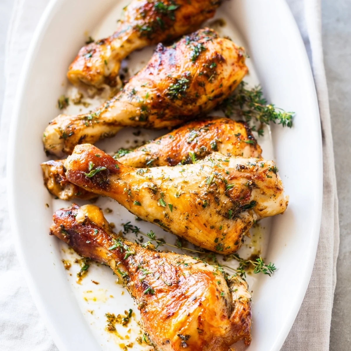 Eight Herb Roasted Chicken Drumsticks with crisp skin and herbs, served alongside roasted potatoes on a rustic wooden table.
