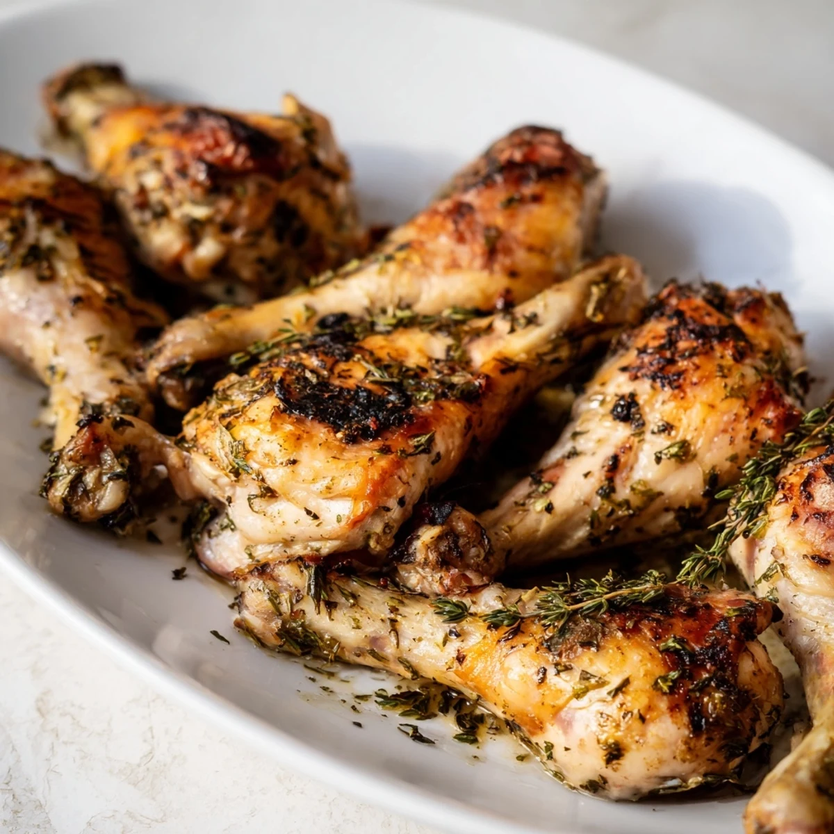 Golden-brown Herb Roasted Chicken Drumsticks resting on a baking sheet with roasted lemon wedges and fresh parsley garnish.