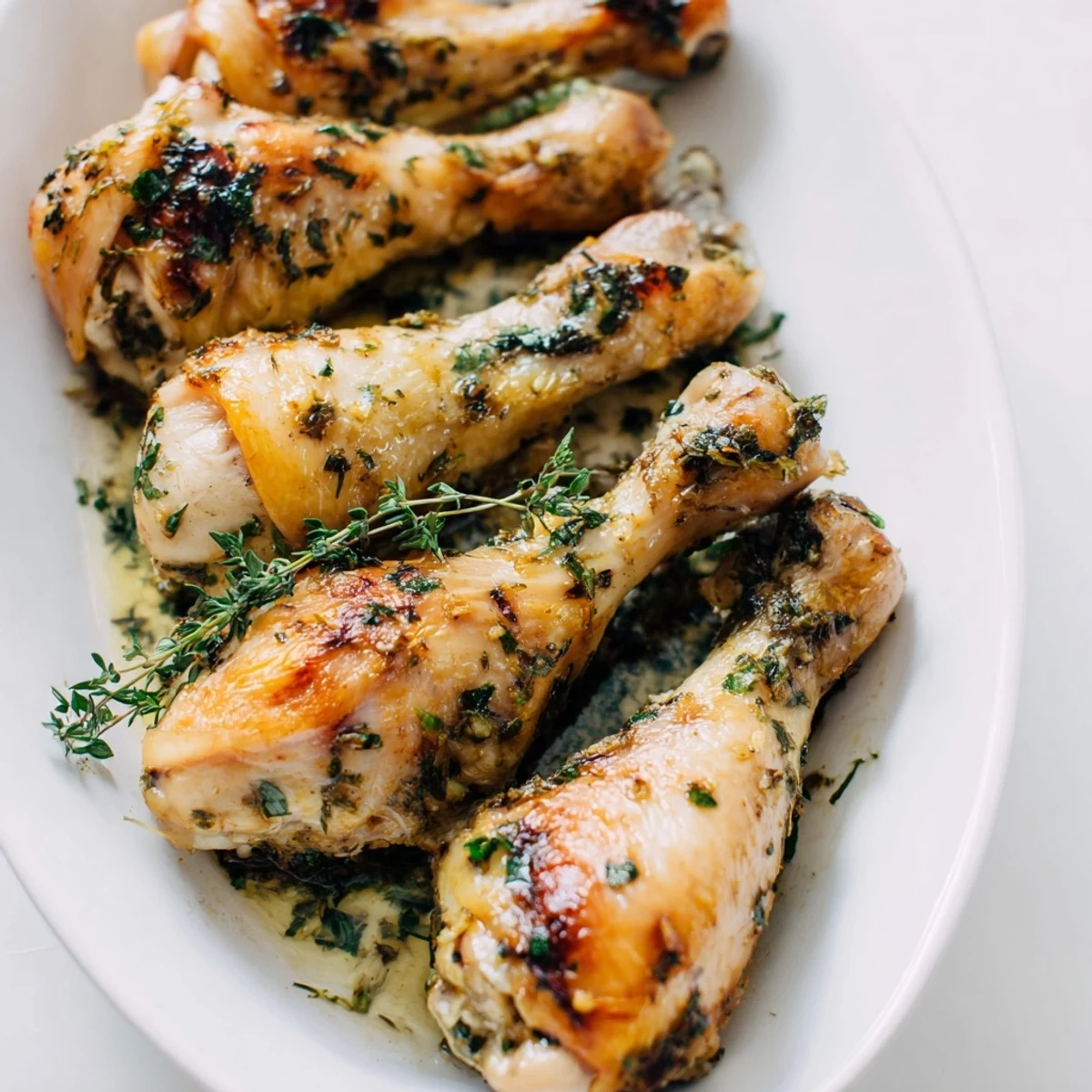 Close-up of Herb Roasted Chicken Drumsticks showcasing juicy meat and aromatic garlic herbs, ready to serve for dinner.