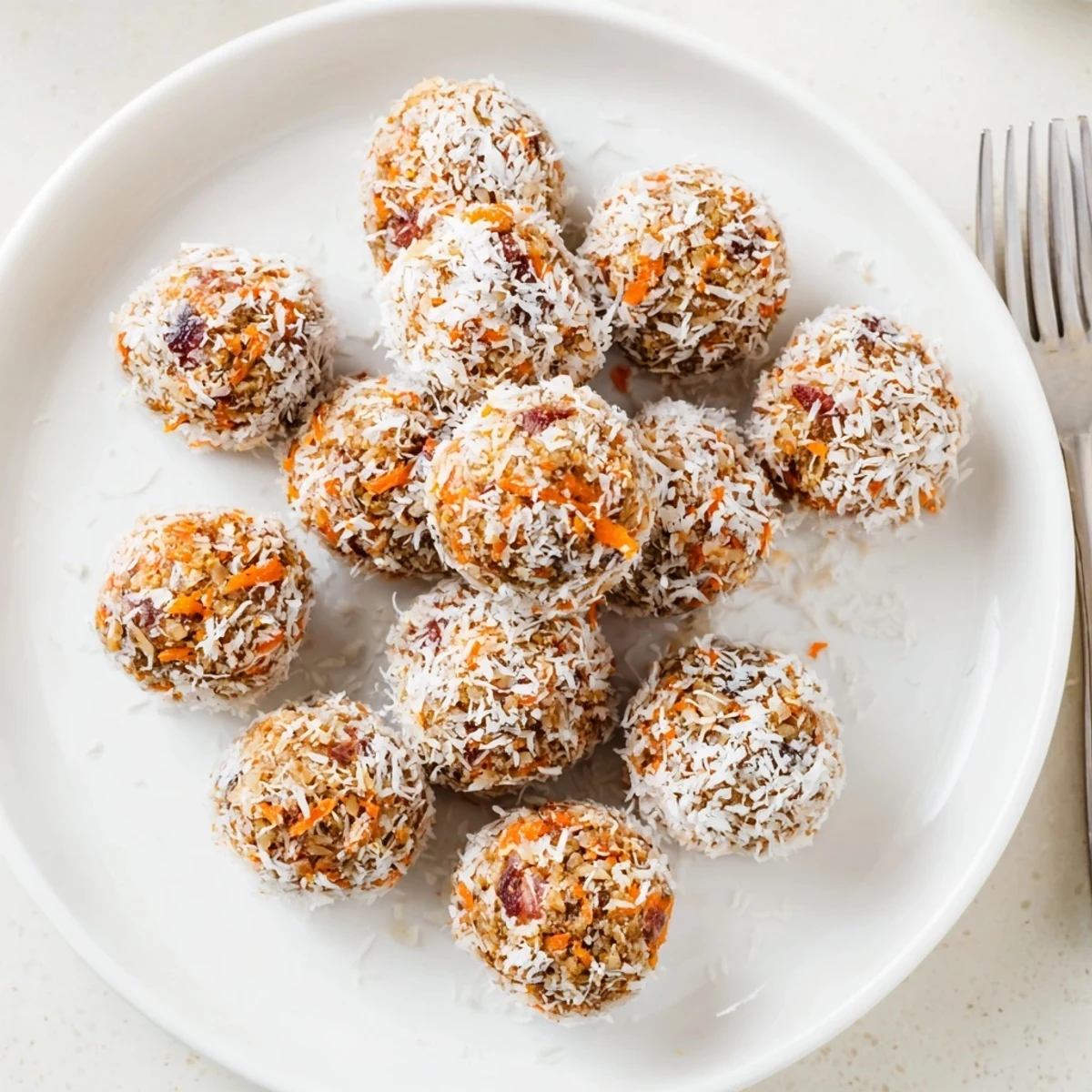 These sticky, sweet No Bake Carrot Cake Bites with chopped walnuts and dates are perfect for a healthy snack on a white marble kitchen counter.