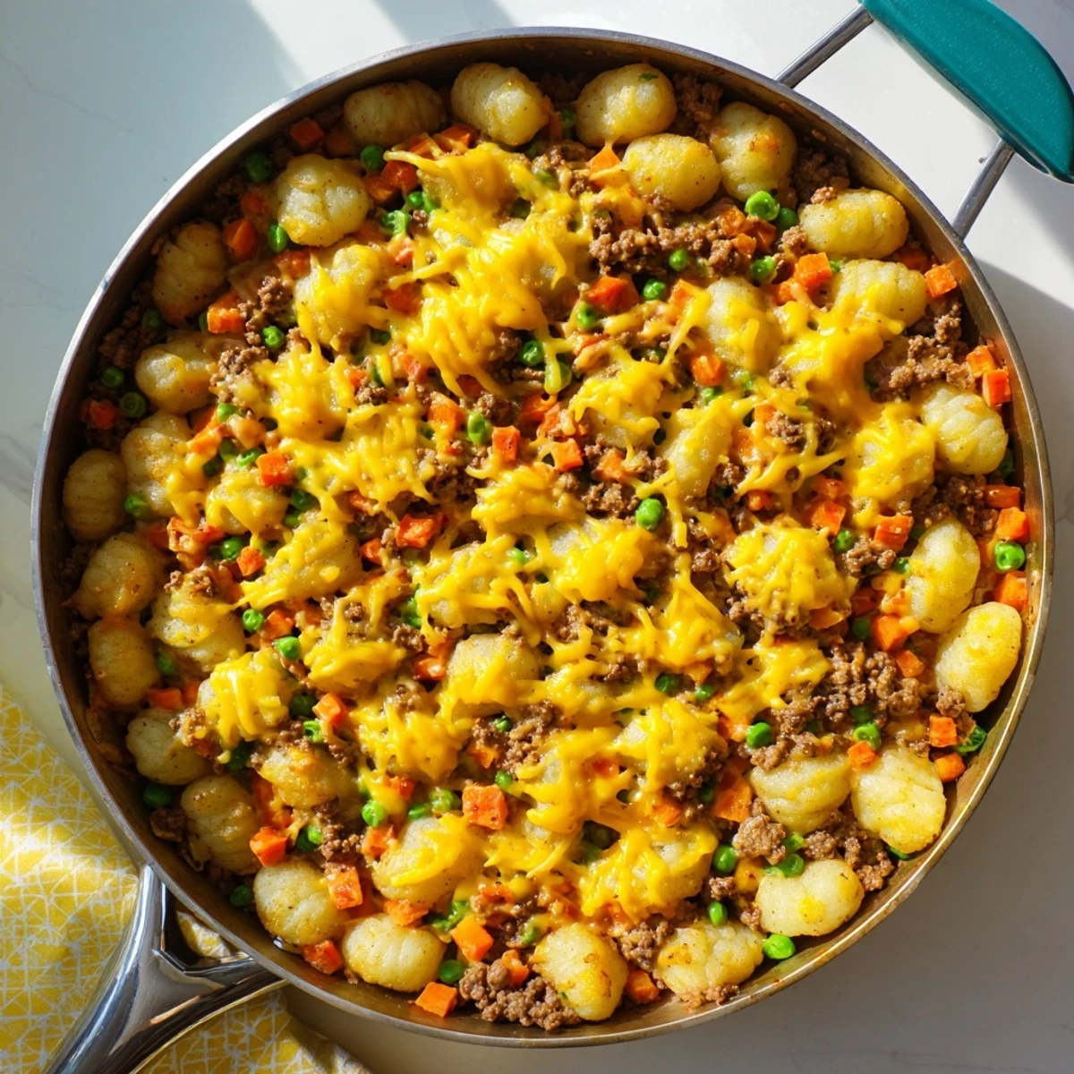 Golden-brown, cheese-topped Quick Gnocchi Shepherds Pie bubbling in a skillet next to a fresh green salad.