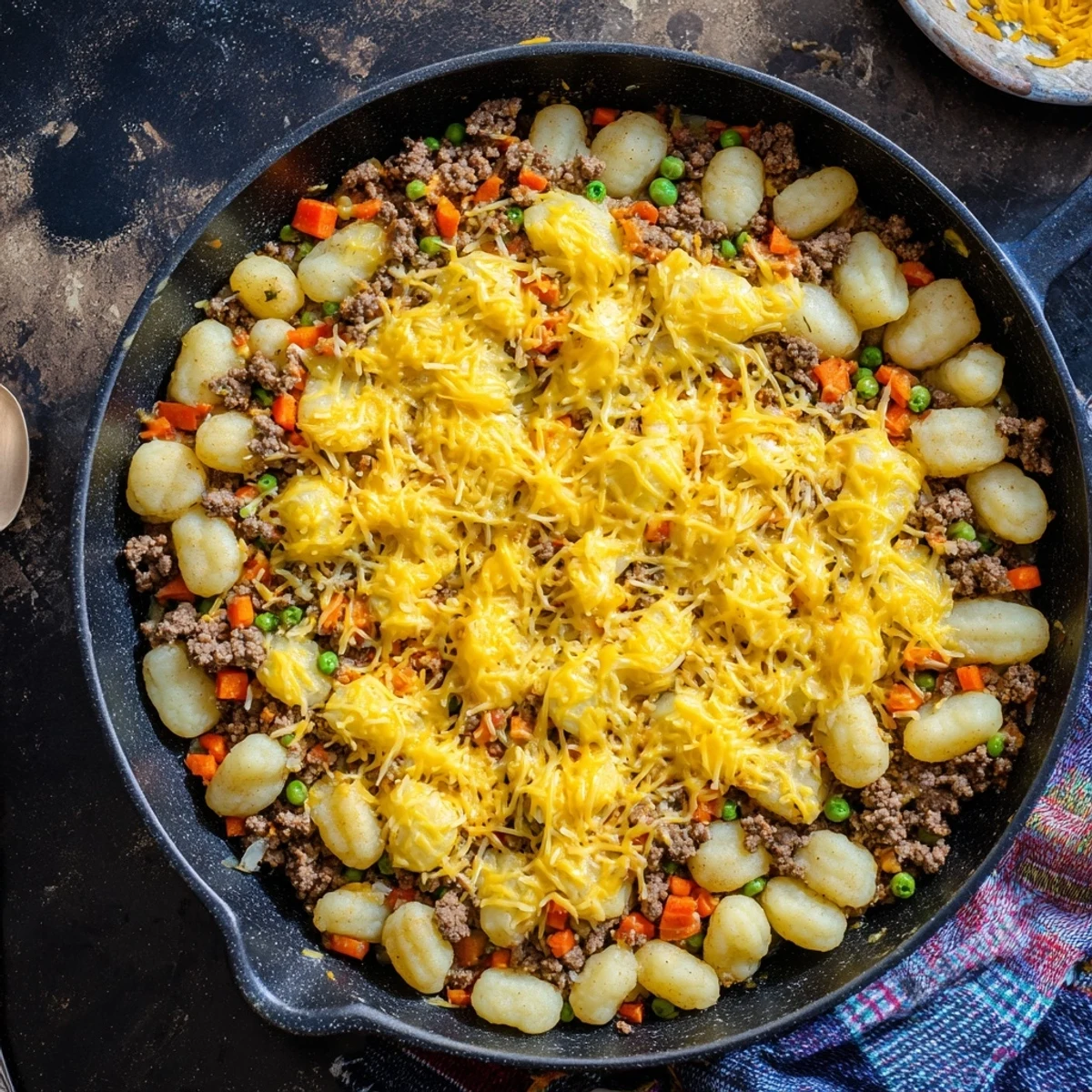 Close-up of Quick Gnocchi Shepherds Pie featuring a crispy cheese crust and pillowy gnocchi in a rustic dish.