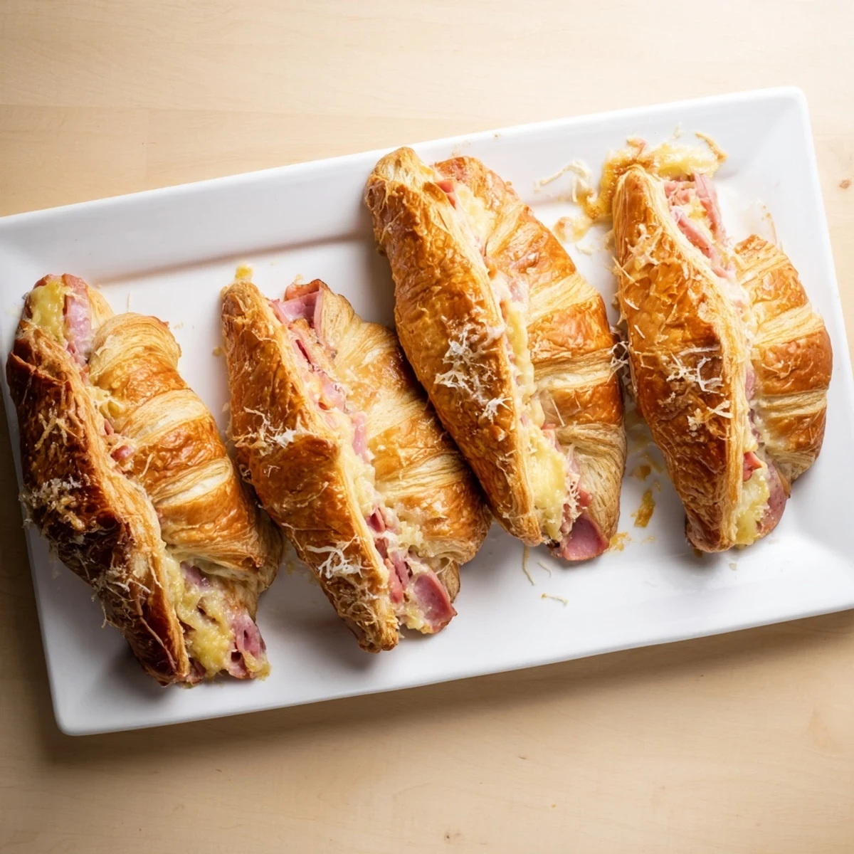 Golden-brown, flaky stuffed croissants filled with melty Gruyère and savory ham on a rustic board.  