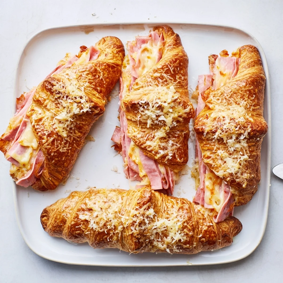 Close-up of stuffed croissants with melted cheese and Dijon mustard filling, ready to serve.