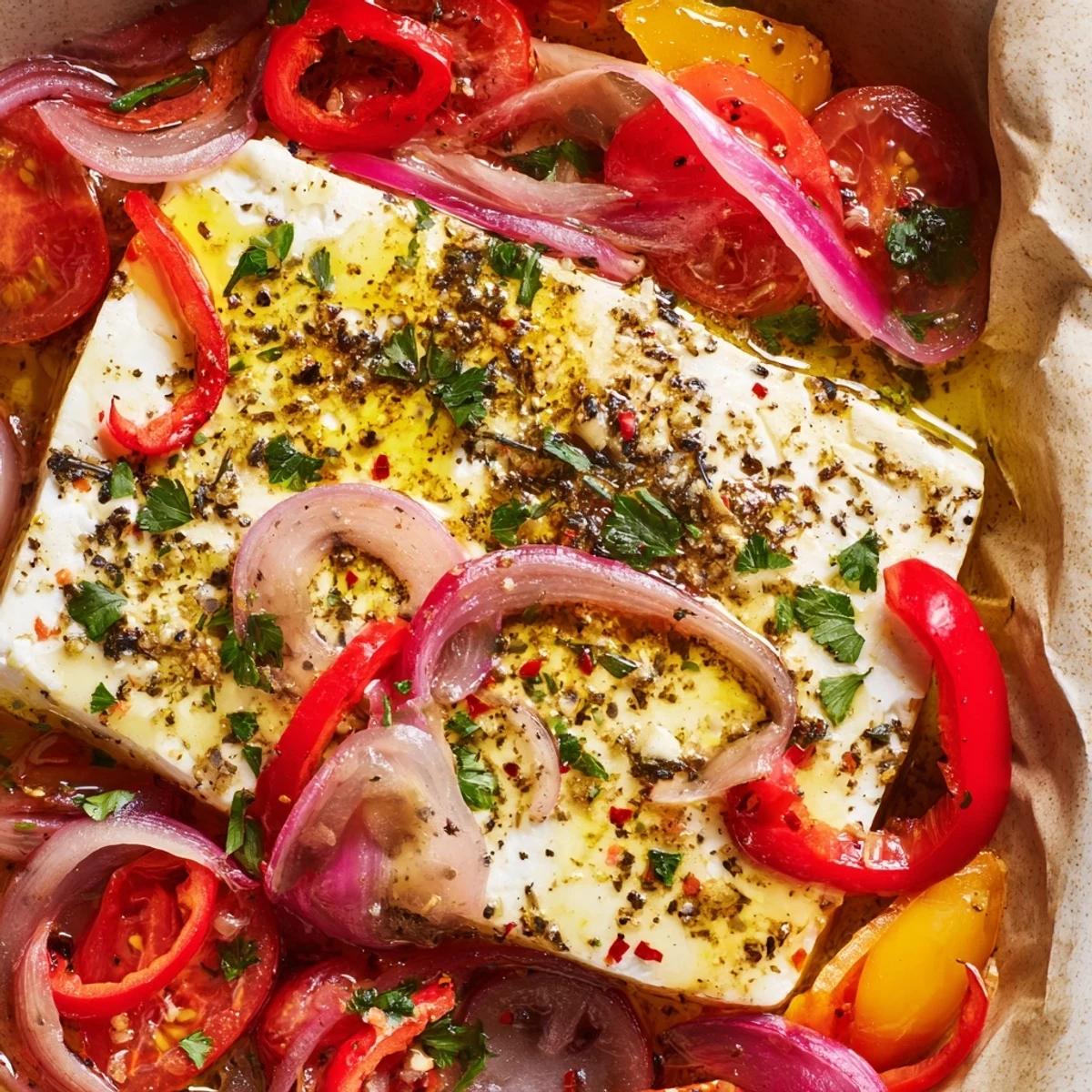 Creamy baked feta recipe with roasted tomatoes, onions, and spicy chili in a rustic baking dish.  