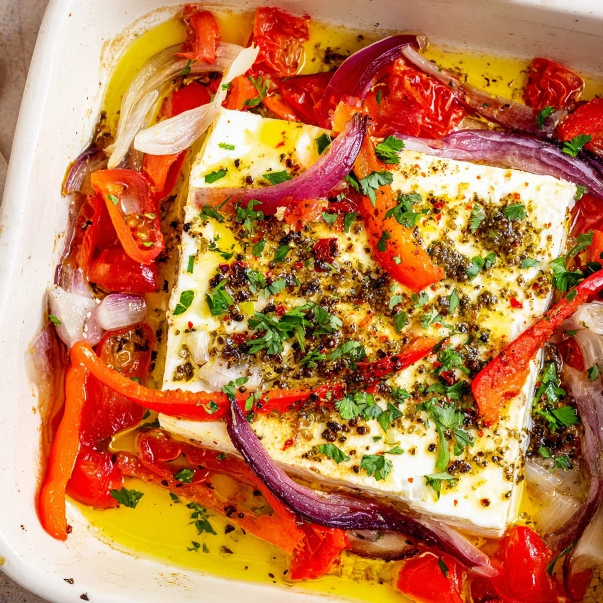 Golden Spicy Baked Feta topped with fresh parsley and lemon wedges, served with crusty bread for dipping.  