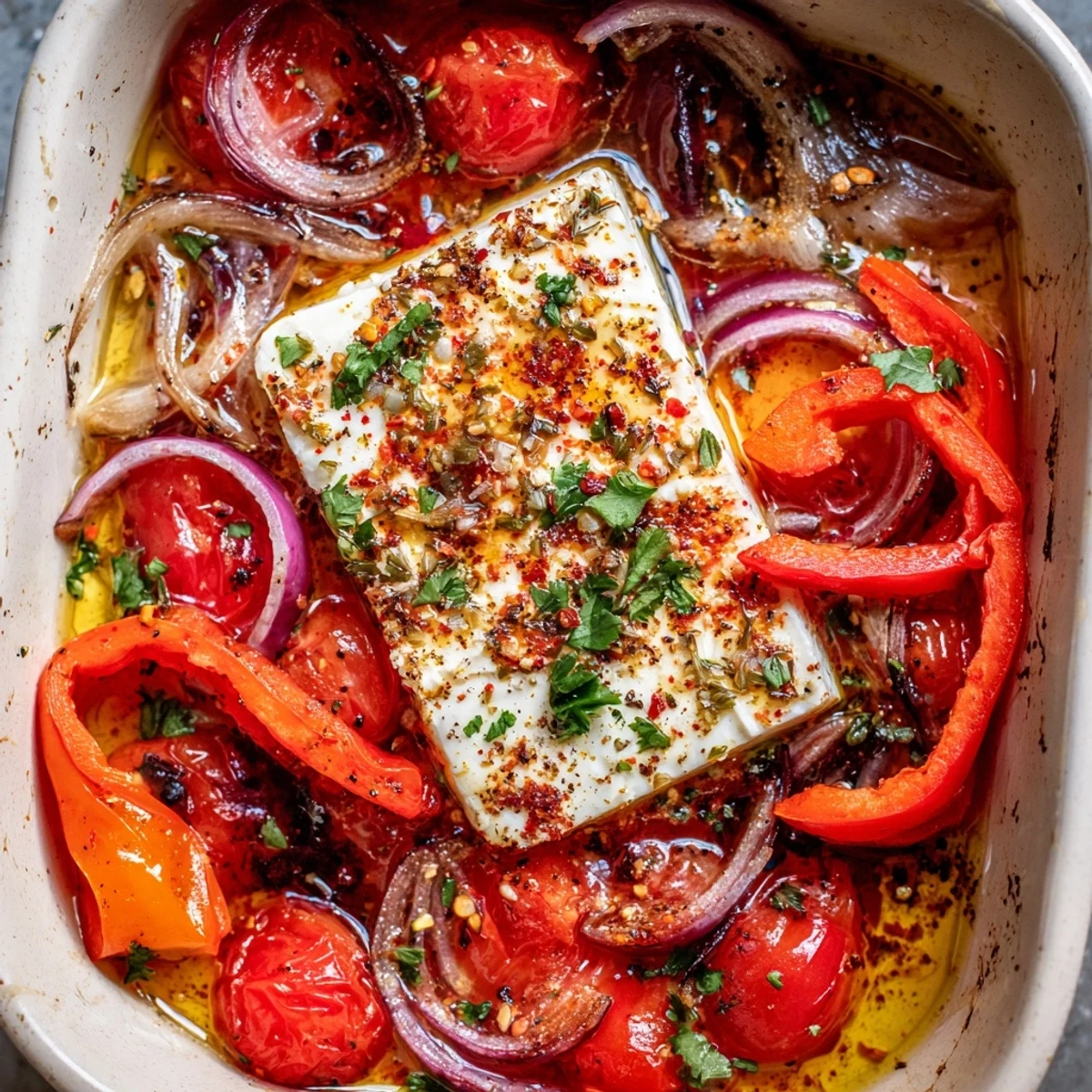 Hot from the oven Spicy Baked Feta appetizer, showing bubbly vegetables and glistening olive oil for a Greek mezze.