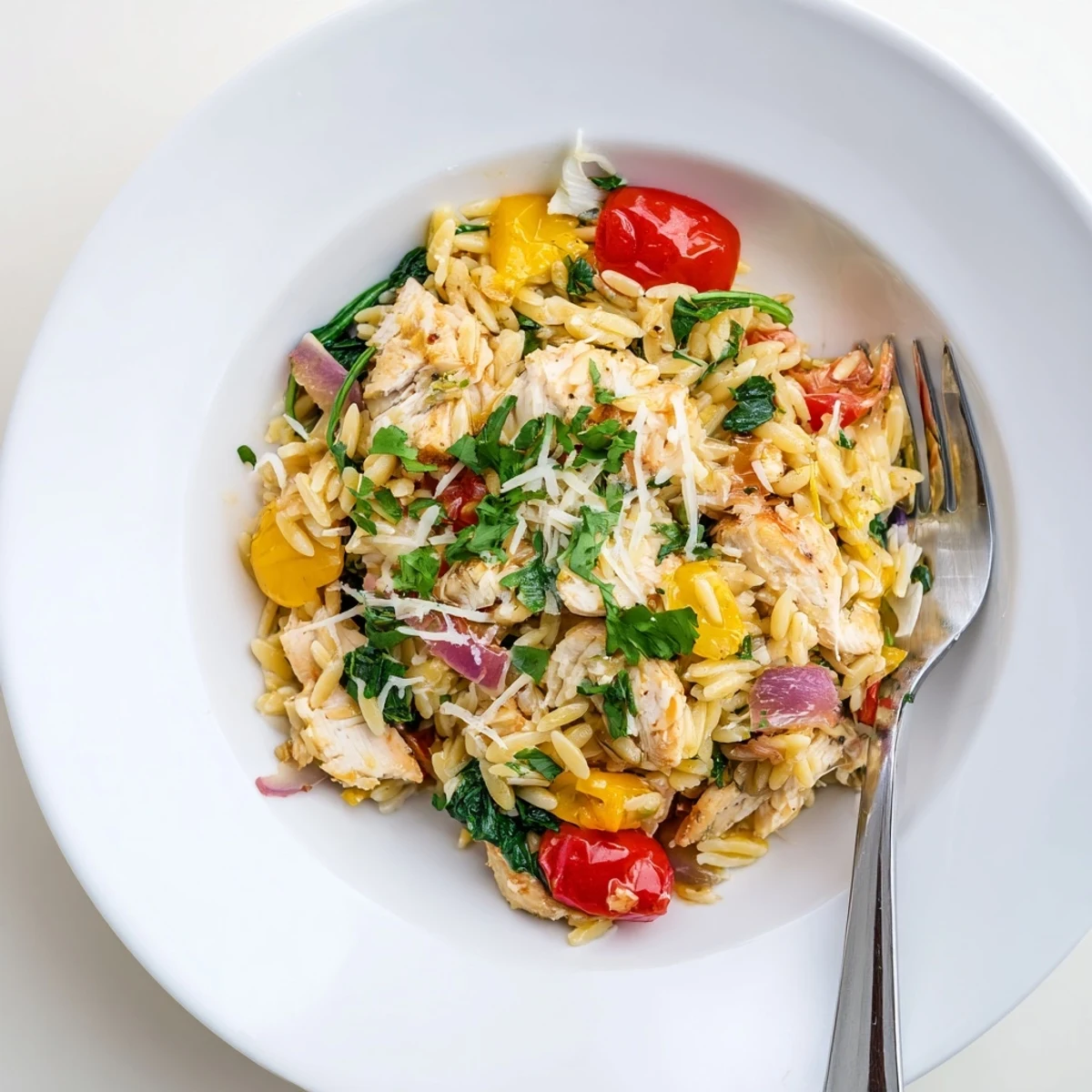 A close-up view shows this High Protein Chicken Orzo plated in a white bowl with fresh parsley and lemon juice.