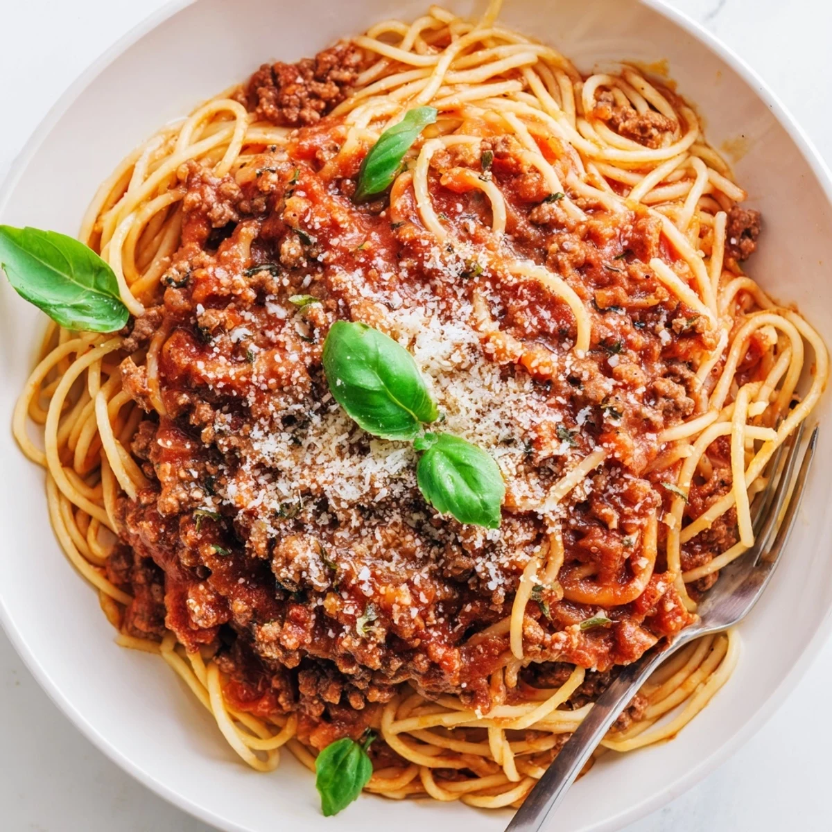 Steaming spaghetti tangled in a hearty tomato beef sauce, topped with Parmesan and fresh basil.