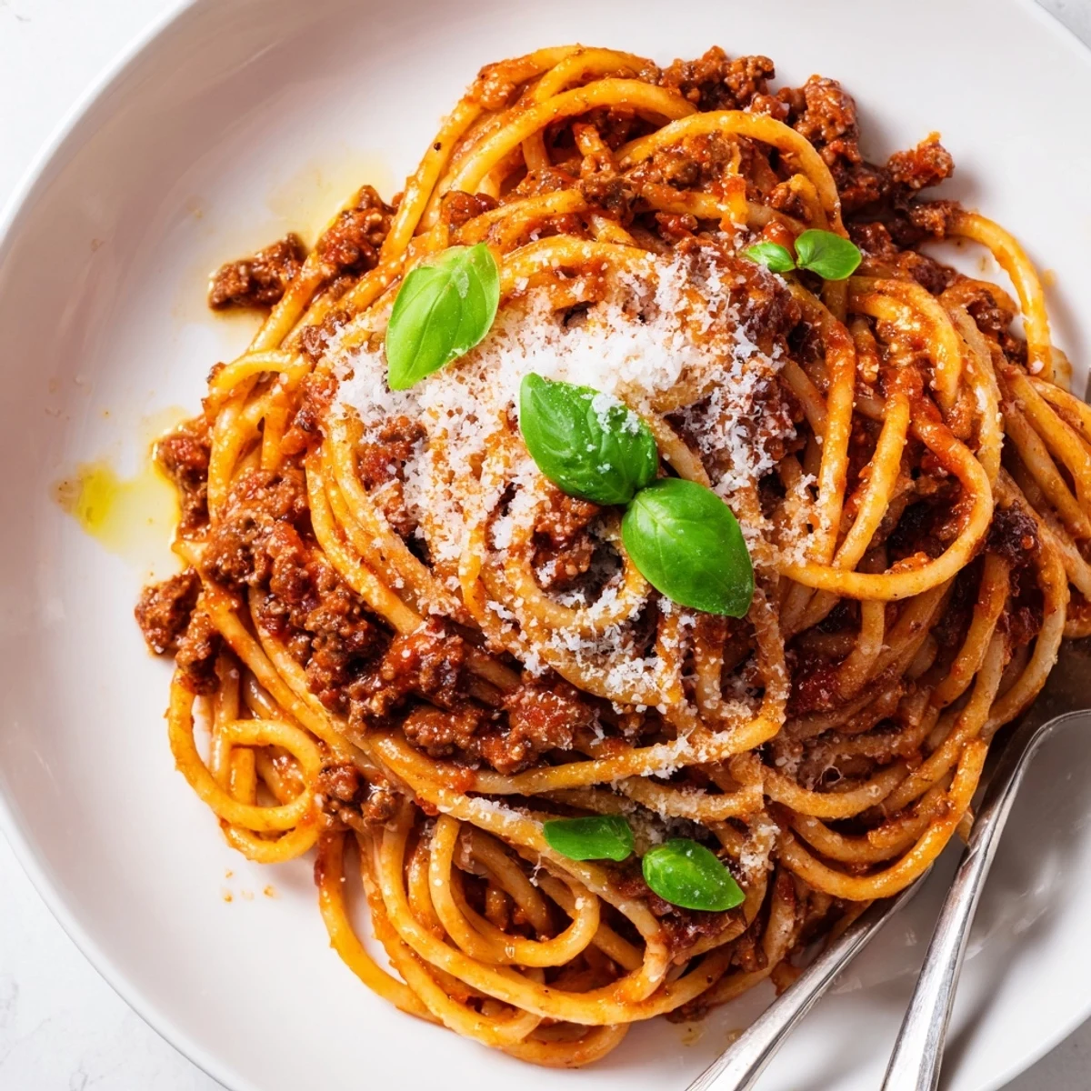 Close-up of The Bear Spaghetti, rich red sauce coating pasta with basil garnish for a comforting meal.