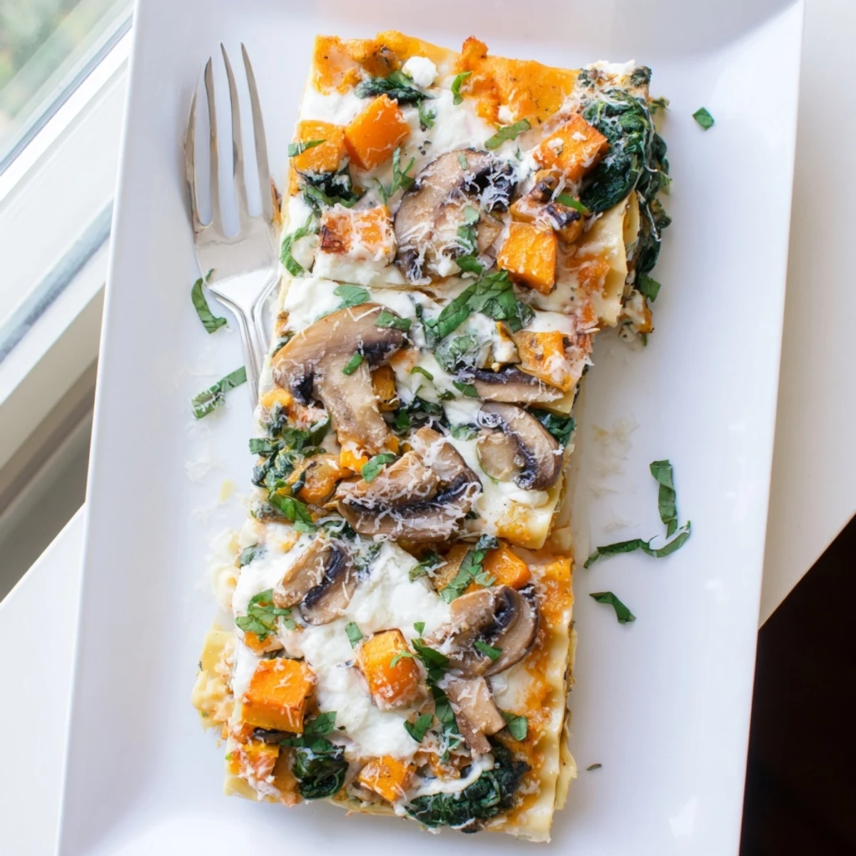 Close-up of golden bubbling Butternut Squash, Spinach & Mushroom Lasagna with melted mozzarella and fresh basil garnish.