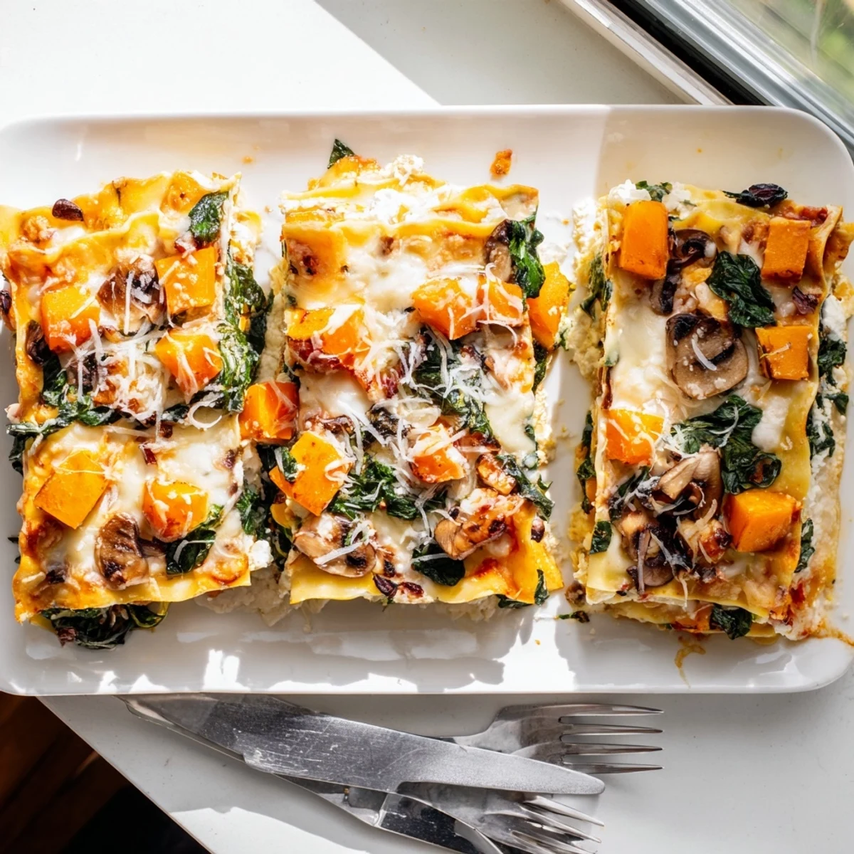 Fresh slices of Butternut Squash, Spinach & Mushroom Lasagna reveal creamy béchamel and layered vegetables on a rustic plate.