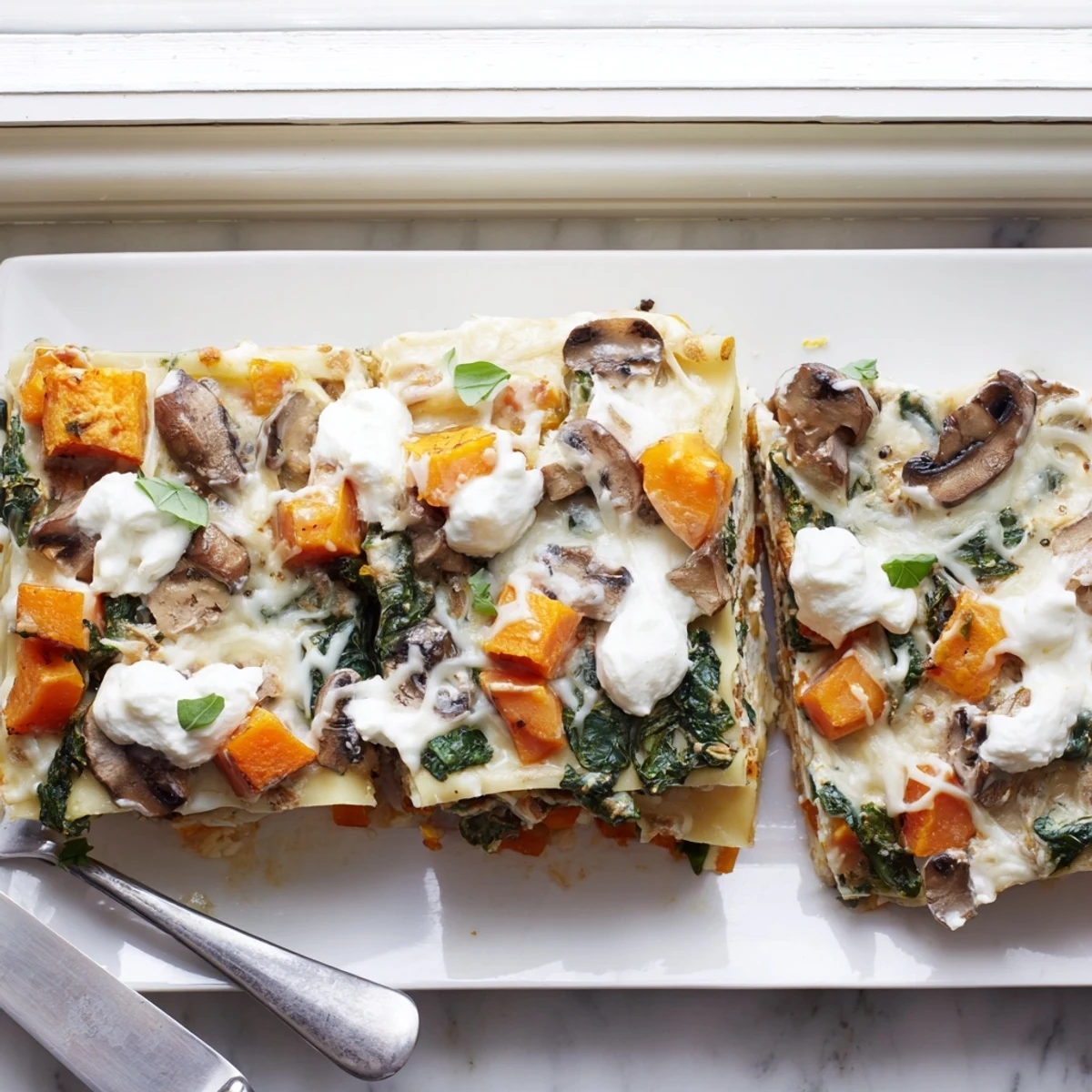 Hearty Butternut Squash, Spinach & Mushroom Lasagna served with salad and wine for a cozy vegetarian family dinner.