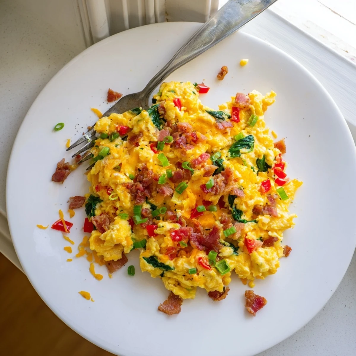 Golden fluffy Loaded Scrambled Eggs are studded with crispy bacon crumbles and bright red bell peppers.
