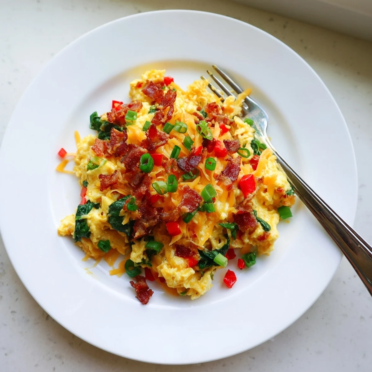 This hearty Loaded Scrambled Eggs breakfast features melted cheddar cheese and fresh spinach folded in.