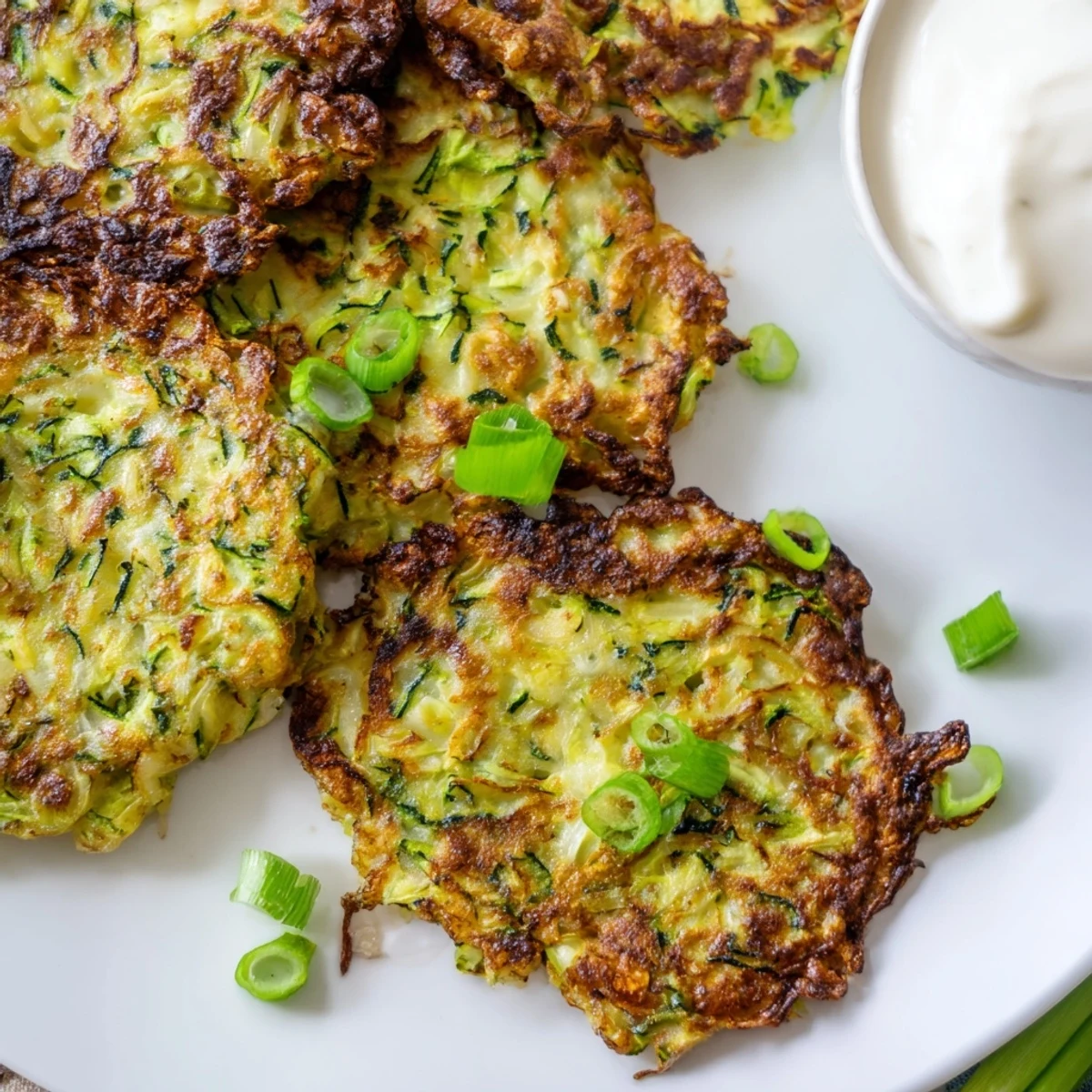 Golden, crispy zucchini fritters sizzling in a skillet, ready to serve with creamy tzatziki sauce.