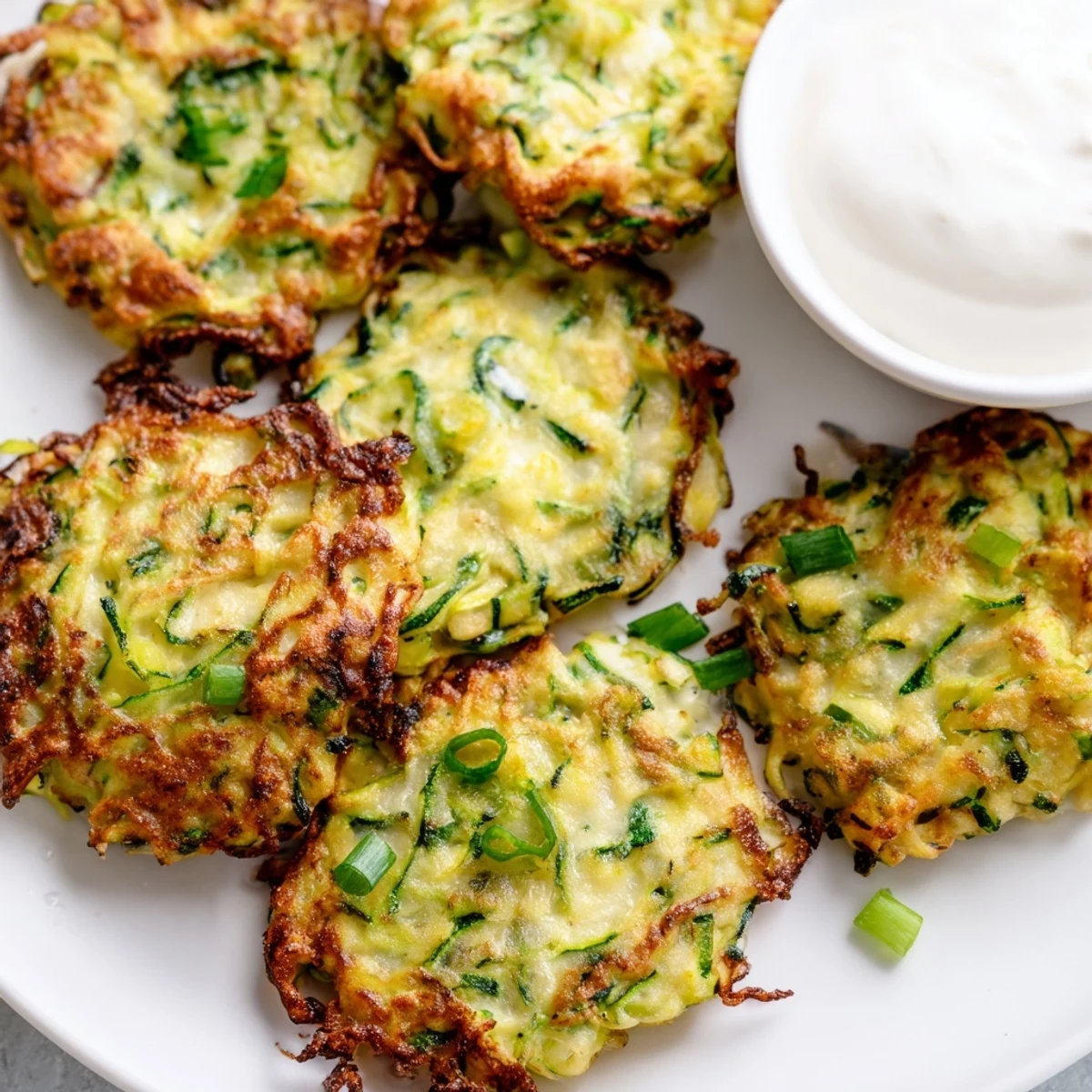 A plate of easy zucchini fritters garnished with fresh dill and lemon wedges on a rustic table.