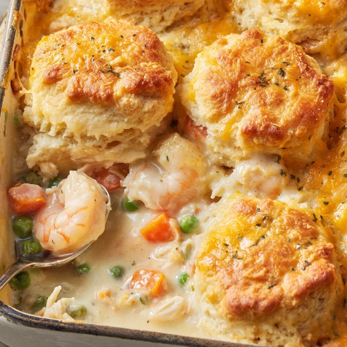 Golden, cheesy Cheddar Bay biscuit topping crowns a creamy seafood pot pie filled with shrimp, crab, and tender vegetables in a rich white wine sauce.