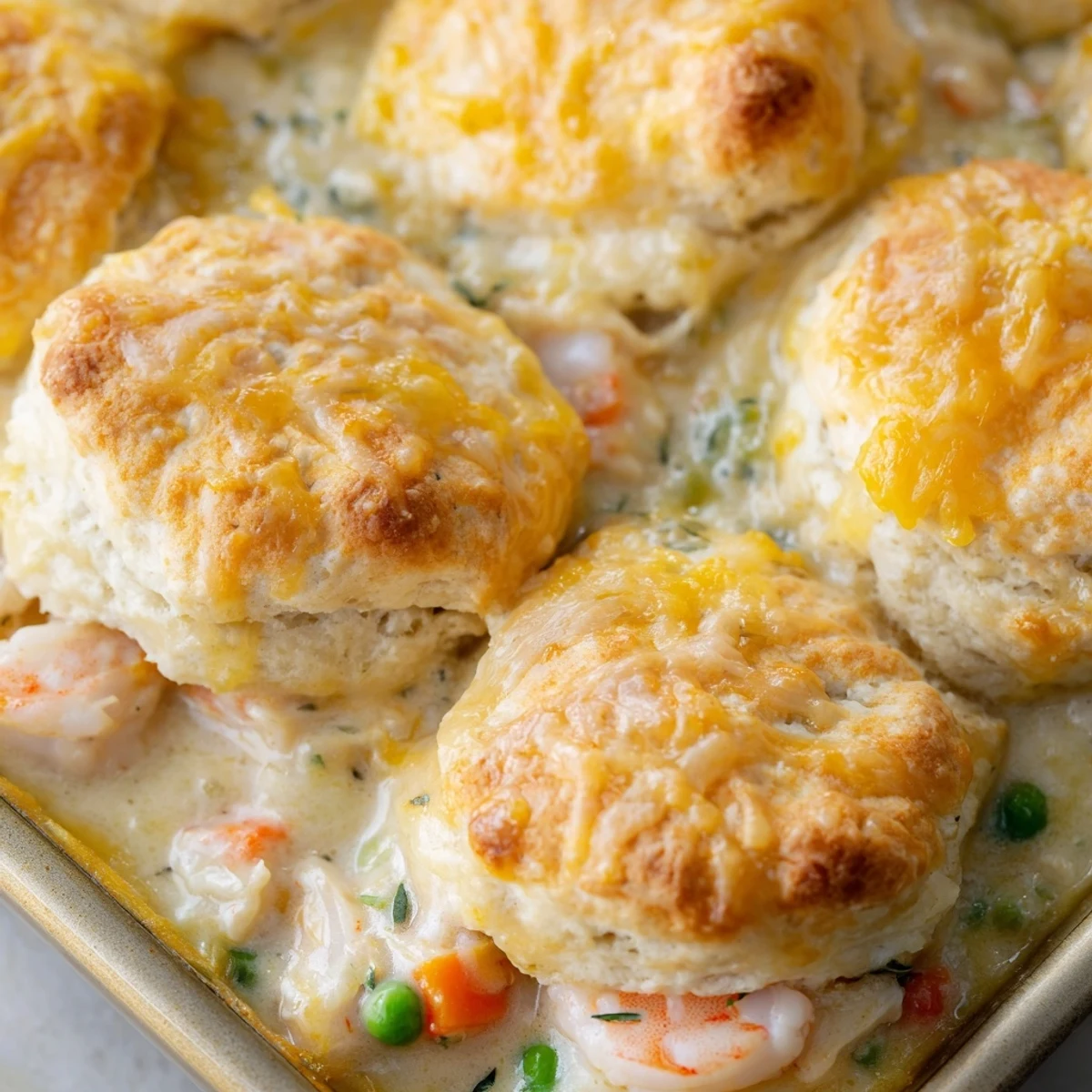 A close-up of Seafood Pot Pie with Cheddar Bay Biscuit Topping reveals flaky biscuit crust and a hearty seafood filling served warm in a skillet.
