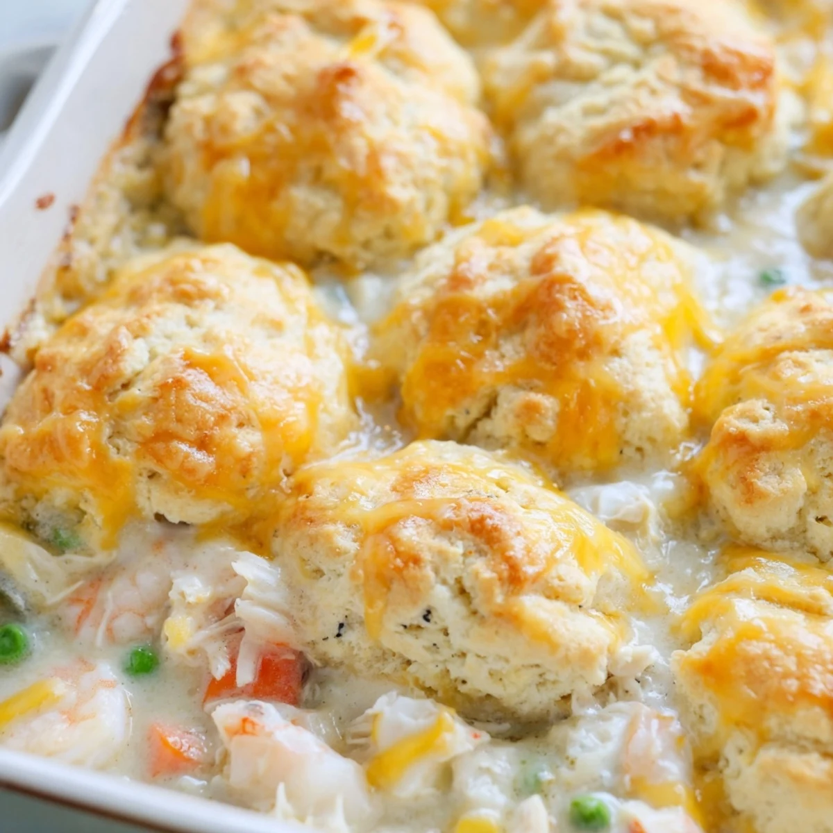 This comforting Seafood Pot Pie with Cheddar Bay Biscuit Topping features a golden biscuit crown over creamy shrimp, crab, and fish filling, perfect for dinner.