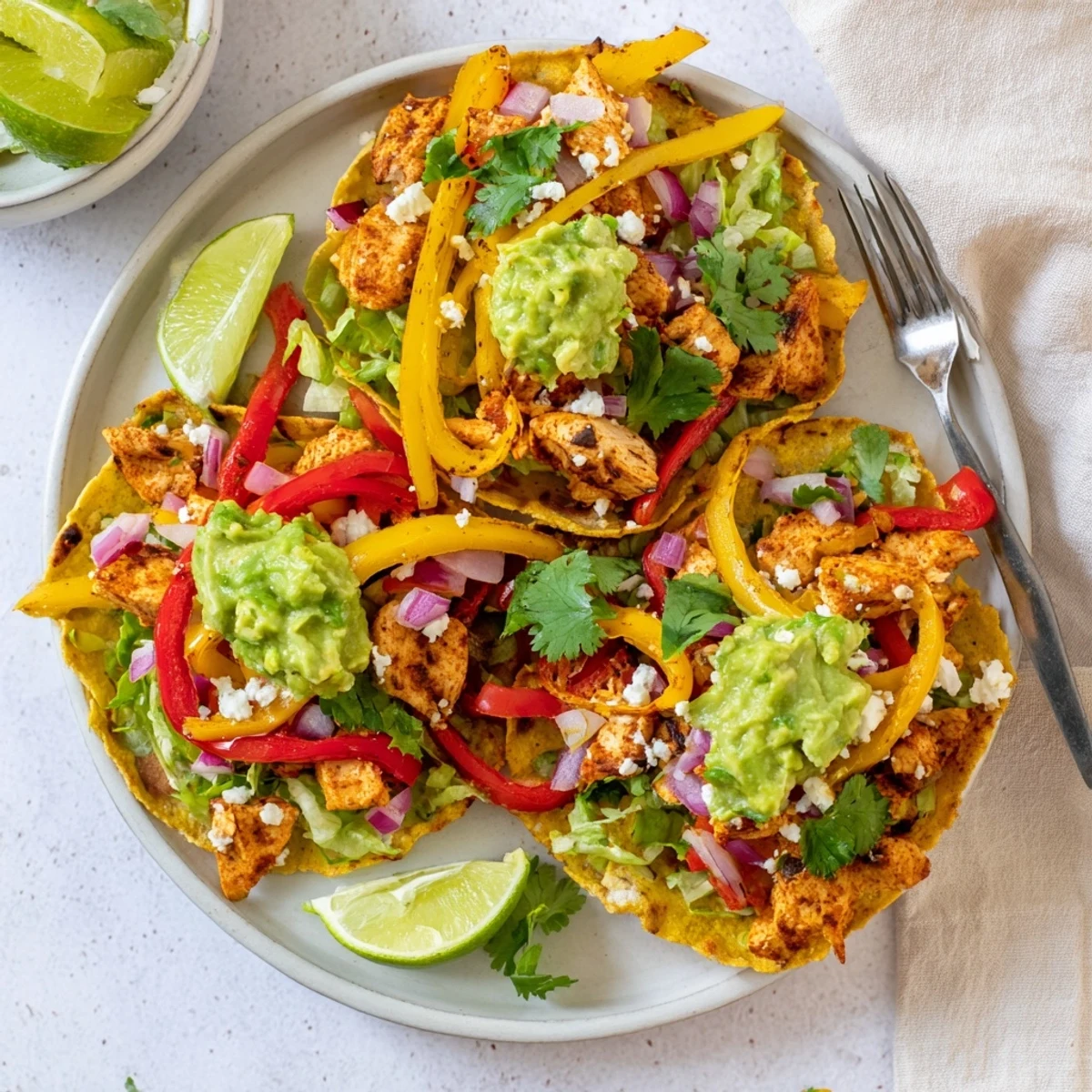 Crispy golden tostadas loaded with seasoned chicken, sautéed bell peppers, and creamy homemade guacamole for a vibrant Mexican meal.