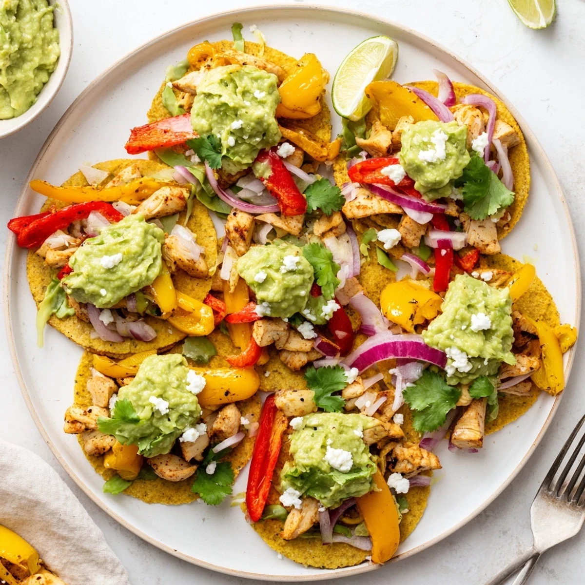 A satisfying plate of Chicken Veggie Tostadas With Guacamole features zesty lime, crisp veggies, and perfectly textured toppings for dinner.