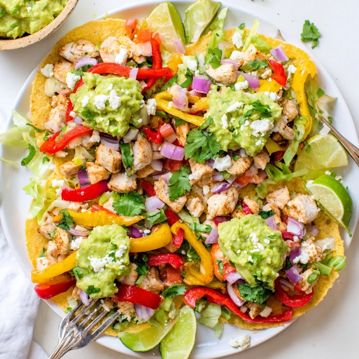 Juicy spiced chicken and fresh vegetables sit atop crunchy corn shells, crowned with smooth guacamole and a sprinkle of queso fresco.