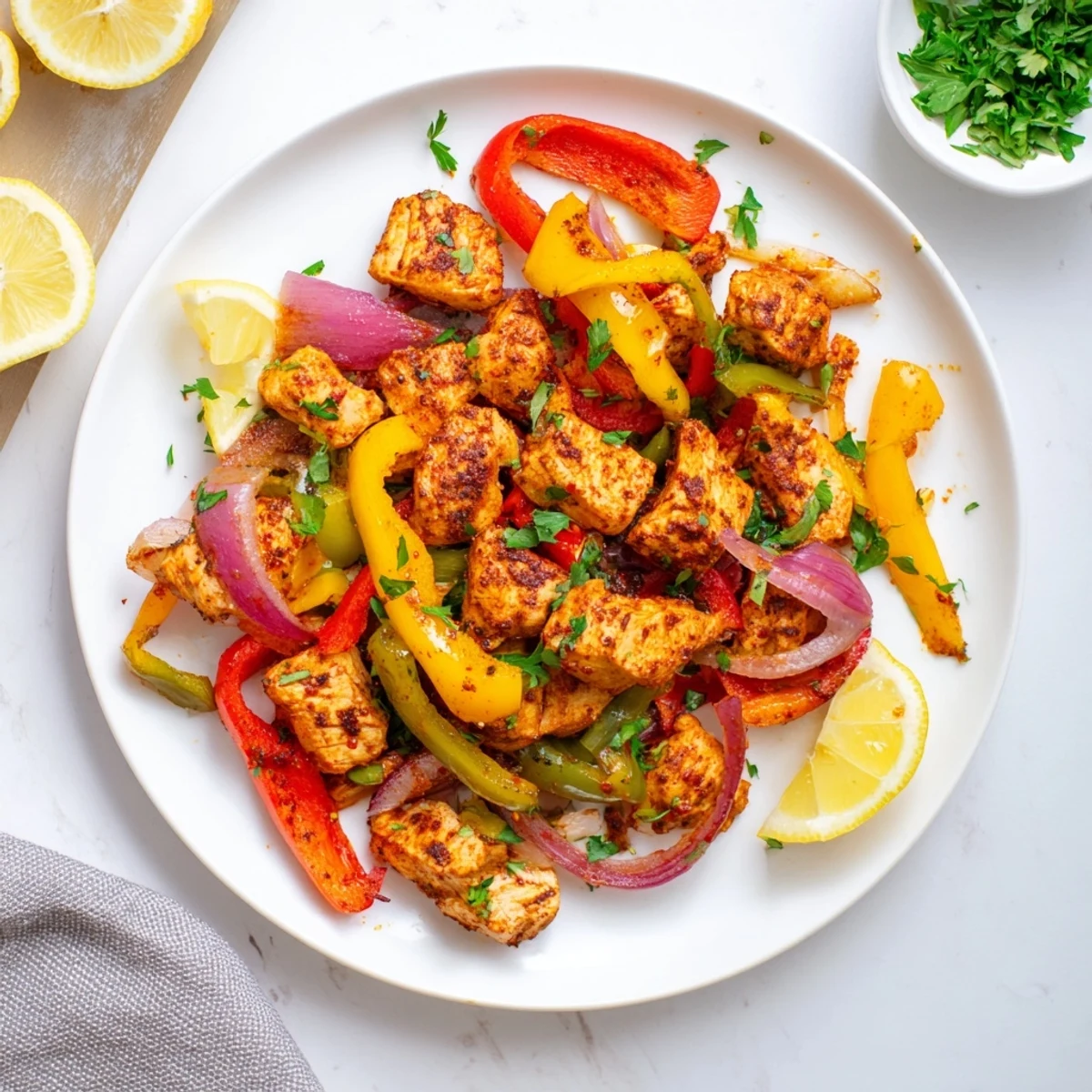 Golden-brown Cajun Chicken Bell Peppers Spicy Delight simmering in a skillet with onions and fresh parsley garnish.