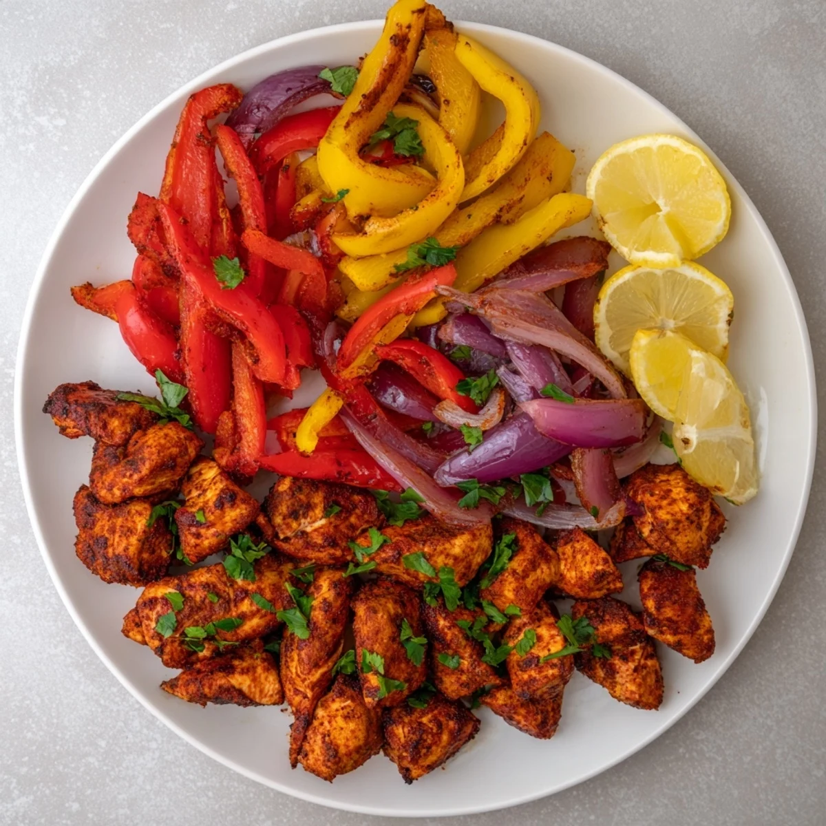 A colorful plate of Cajun Chicken Bell Peppers Spicy Delight served over fluffy white rice with lemon wedges.